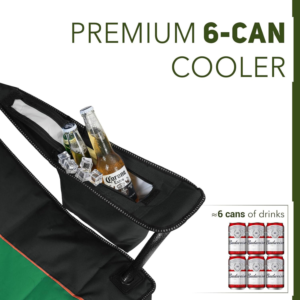 Close-up of the chair's zippered arm cooler pocket holding bottled drinks and ice