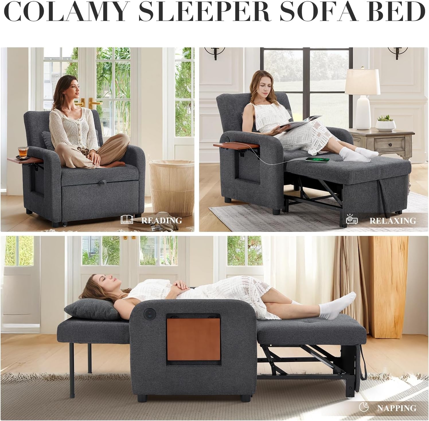 Lifestyle collage showing the dark grey chair used for reading, relaxing and napping in different positions