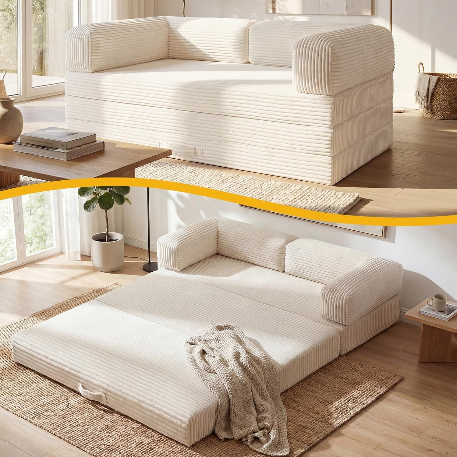 Split image: top shows the futon as an upholstered corner sofa, bottom shows it unfolded flat as a low bed.