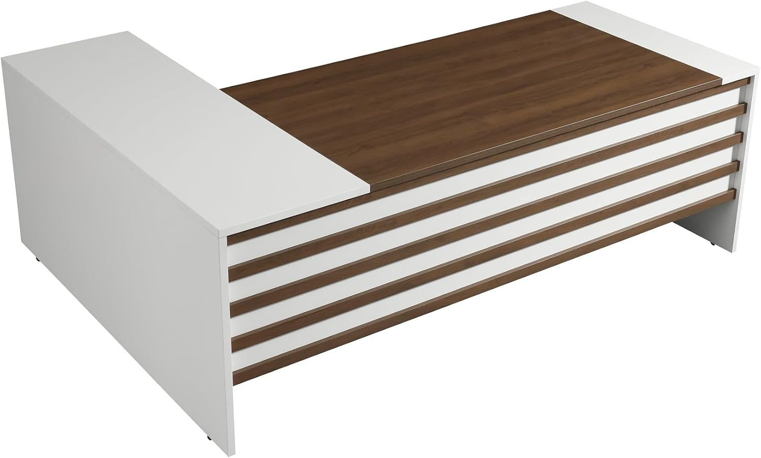Angled close view of the L-shaped desk top and slatted front showing white leg panels and brown wood-grain work surface
