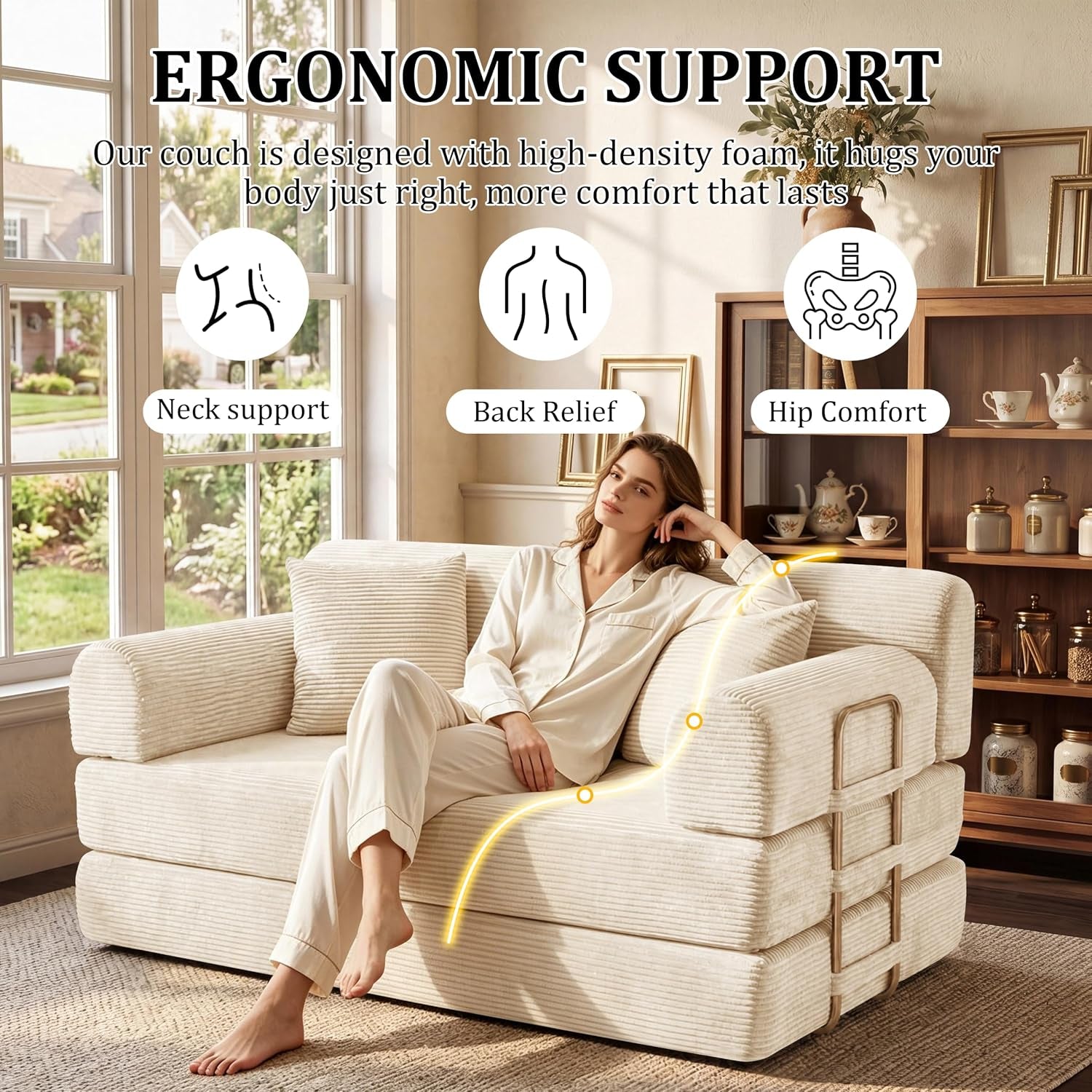 Woman sitting on the beige loveseat demonstrating ergonomic support with back and neck comfort visual overlays