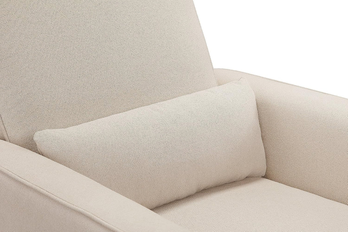 Close-up of the chair seat and small lumbar pillow in cream textured fabric
