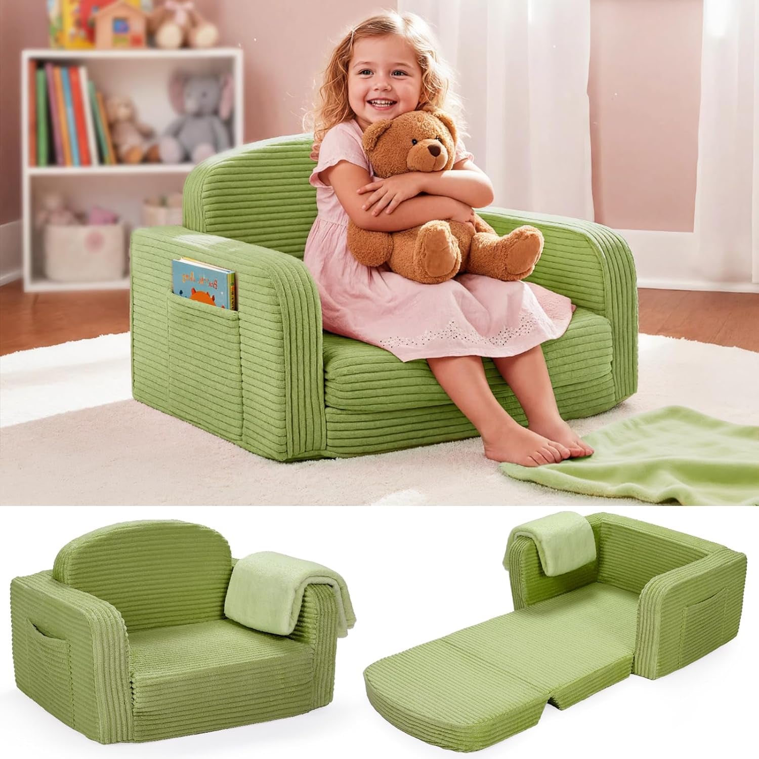 Smiling child hugging a teddy while seated on a light green corduroy toddler sofa with mattress shown open below