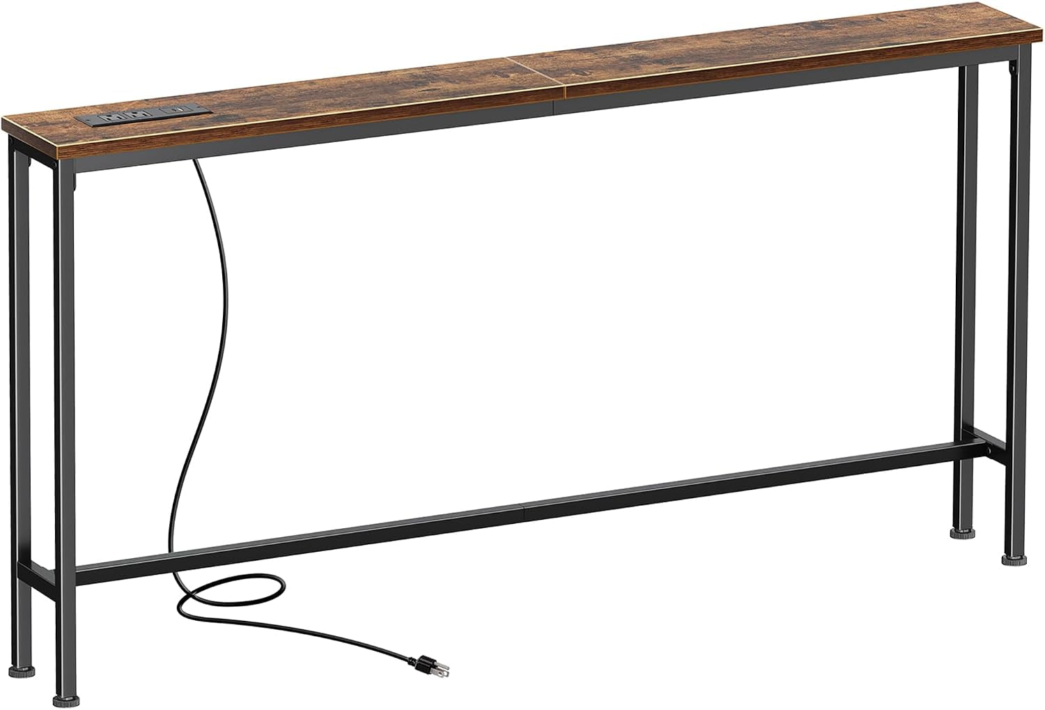 Slim entryway console with warm brown wood top and black metal frame, power cord looped on floor