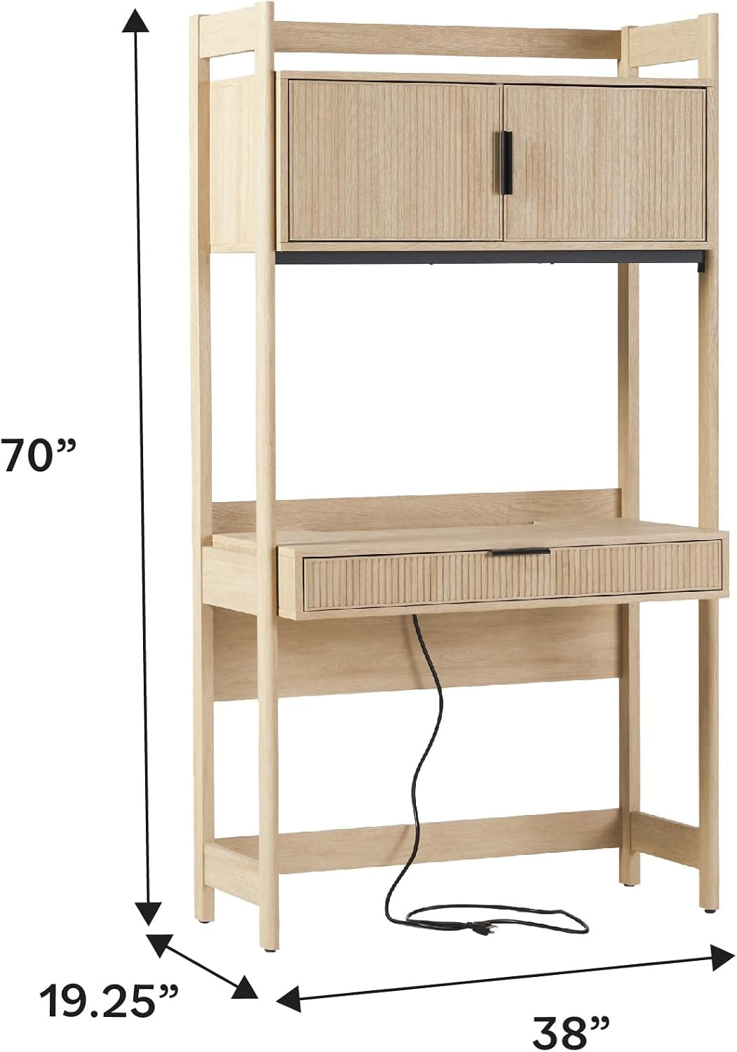 Single hutch desk section shown on a white background with power cord and dimensional arrows indicating height, width, and 깊이
