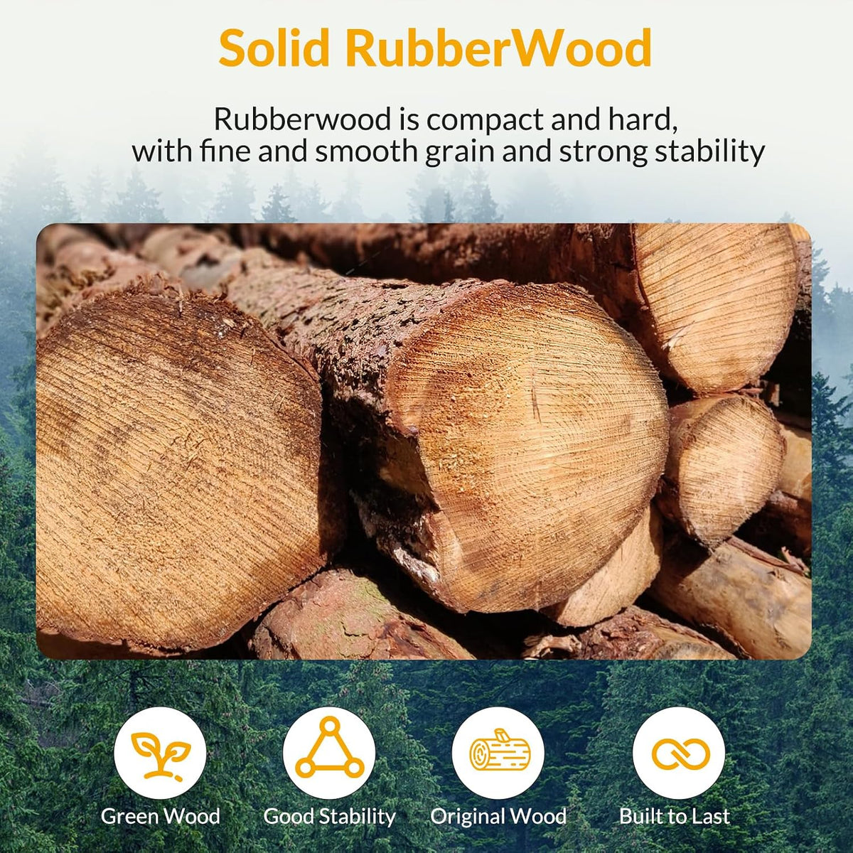 Close-up photograph of cut rubberwood logs stacked outdoors showing grain and bark.