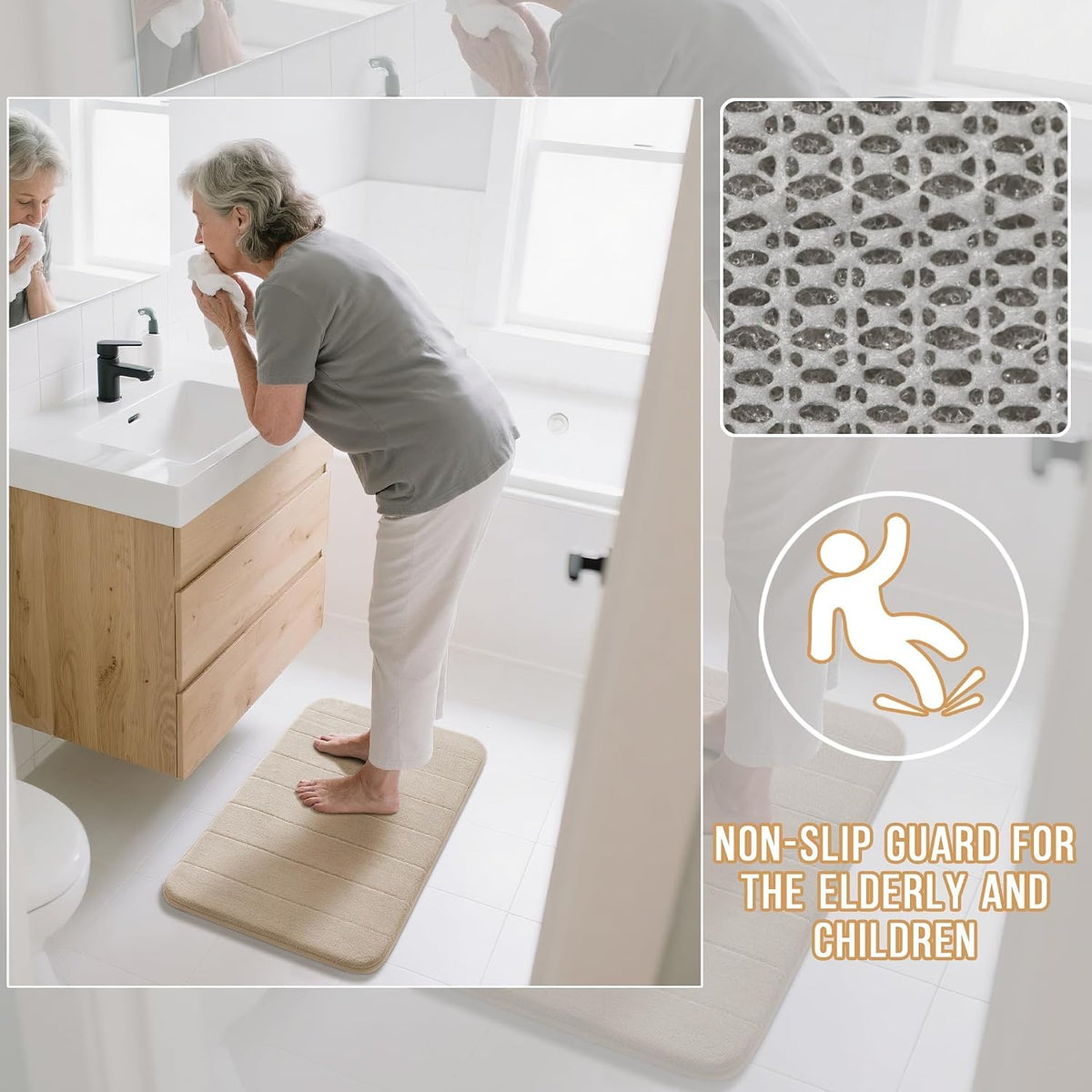 Beige rectangular rug under an elderly person at a sink with an inset showing the textured non-slip PVC backing