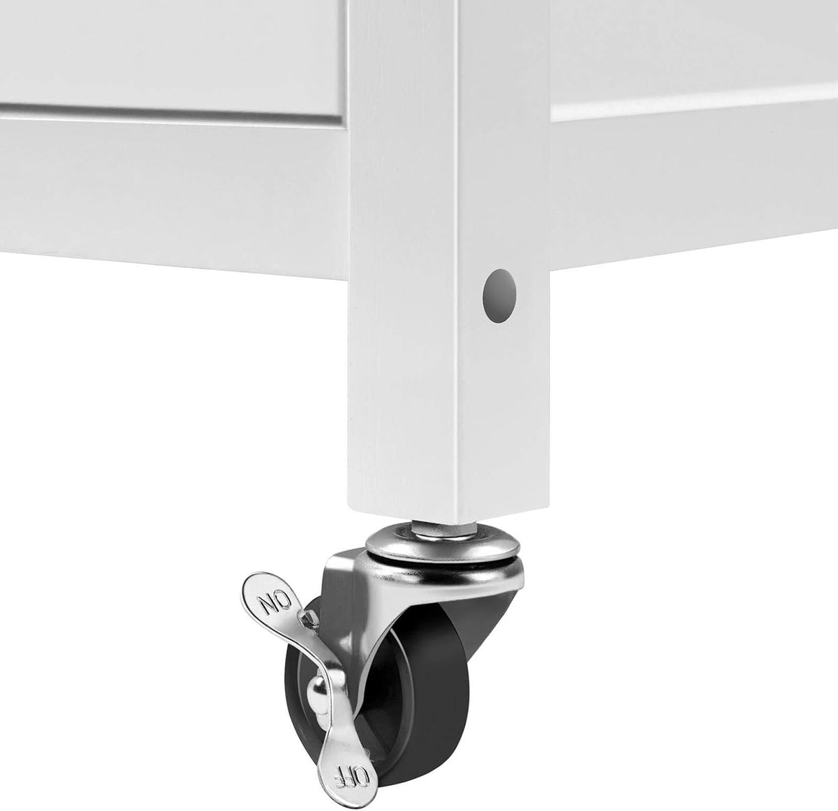 Close-up of a single swivel caster and brake attached to the white island leg.