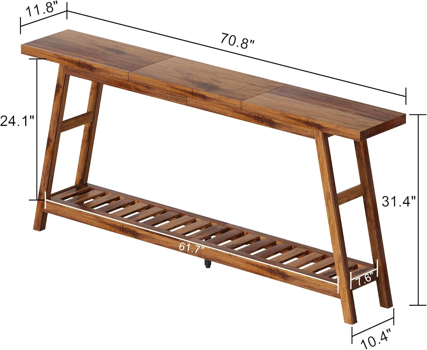 Dimension diagram of the console table showing 70.8" length, 11.8" depth and 31.4" height with slatted lower shelf