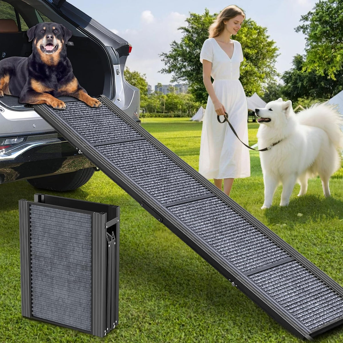 Angled close-up of the textured ramp spanning from a car to the lawn with a woman and white dog standing beside it and a