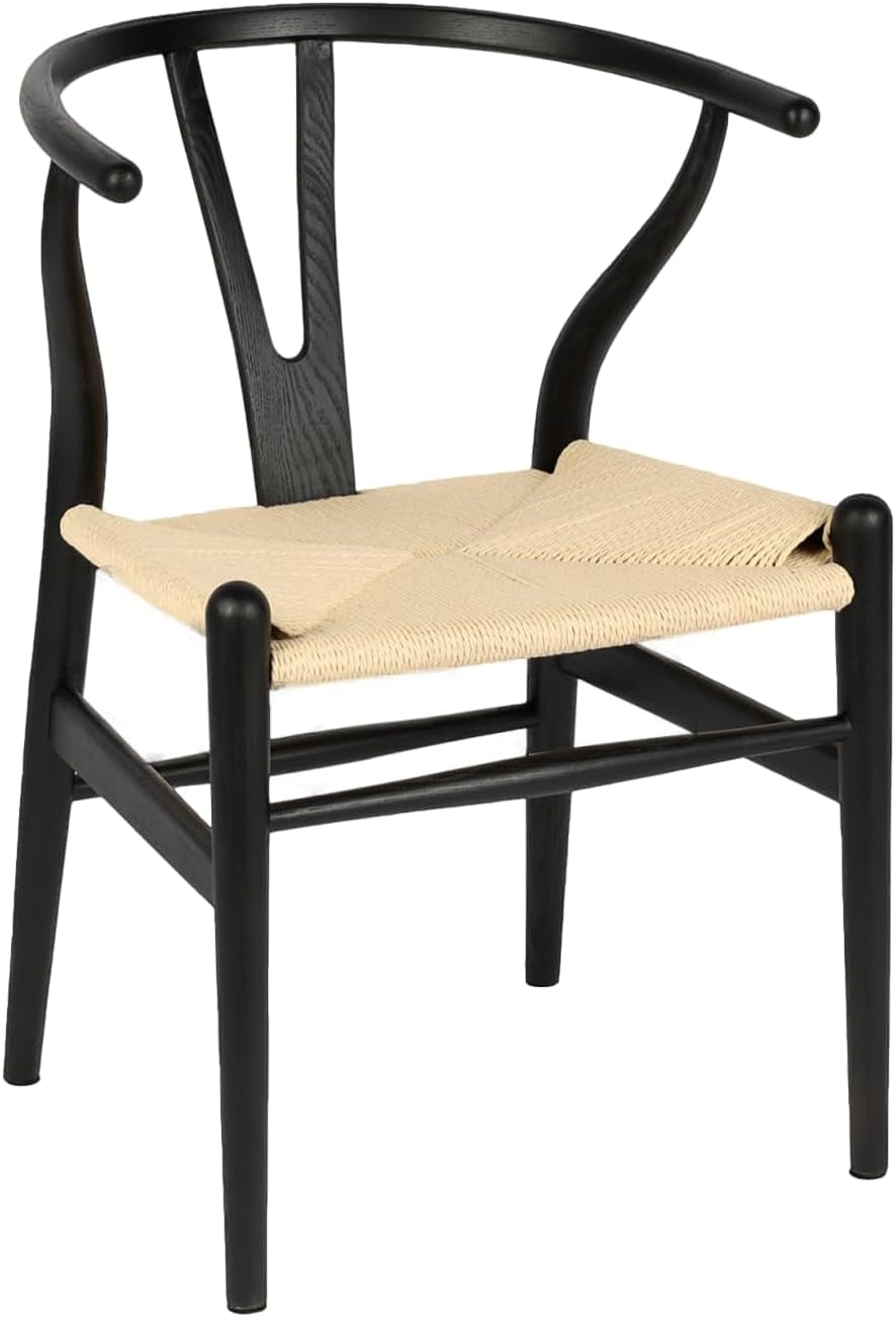 Single black ash wood wishbone chair with a natural woven seat shown front-left.