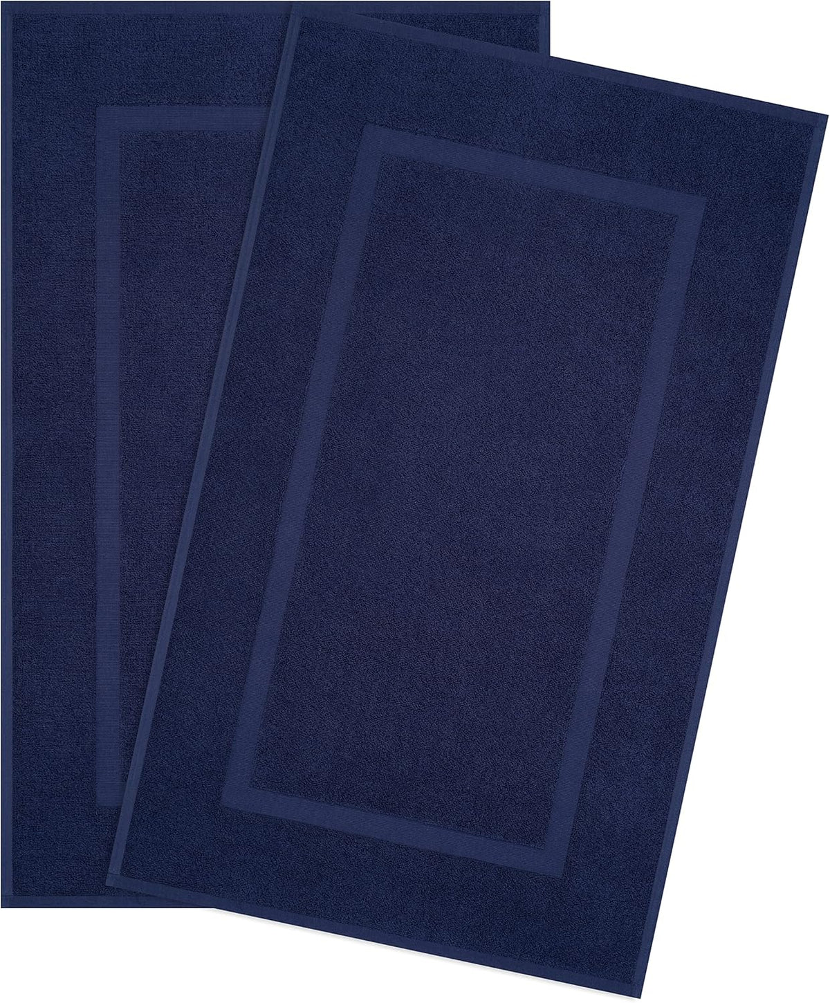 Two overlapping deep navy bath mats laid flat, each with a framed inner border detail.