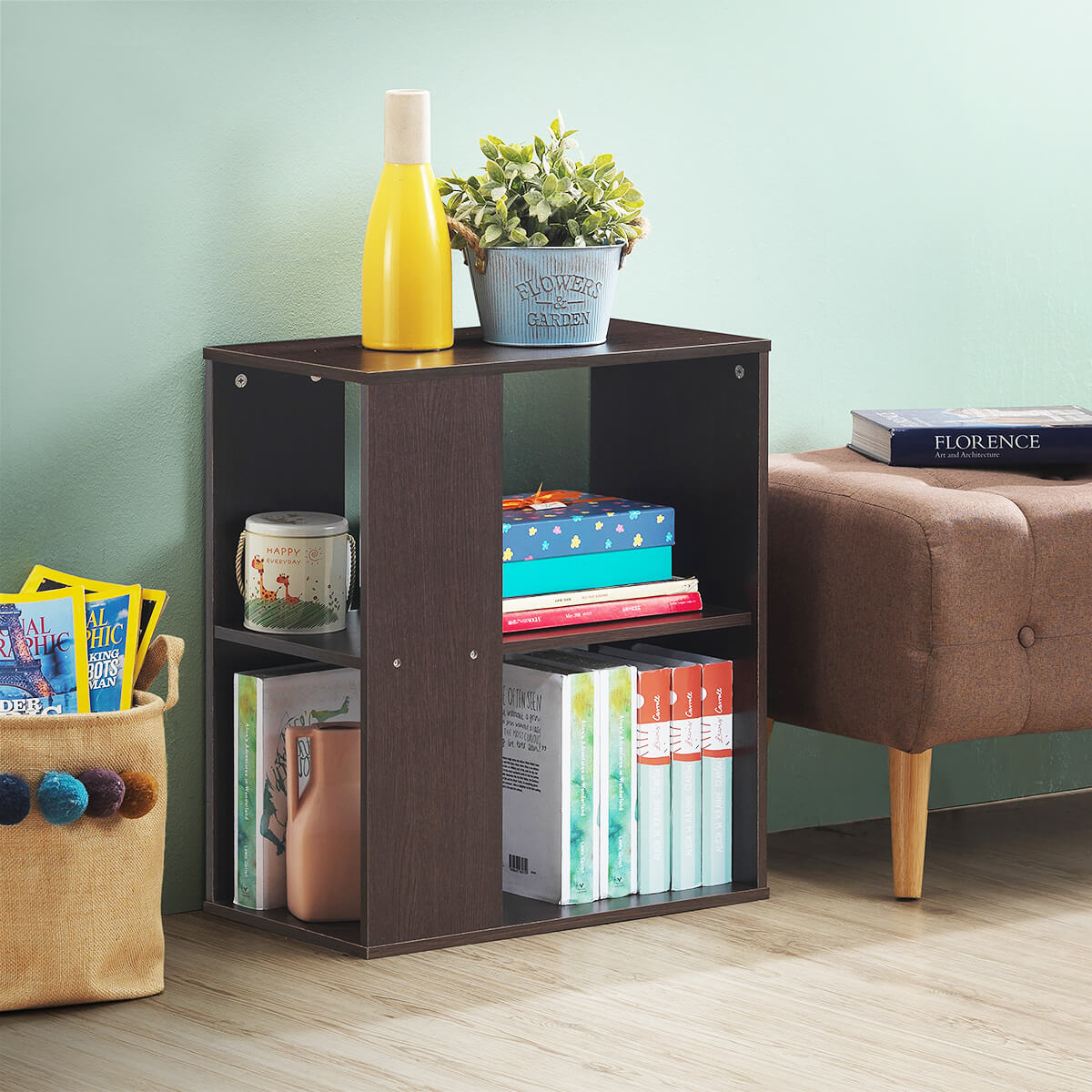 2-Tier Side End Table with Storage Shelves, Brown