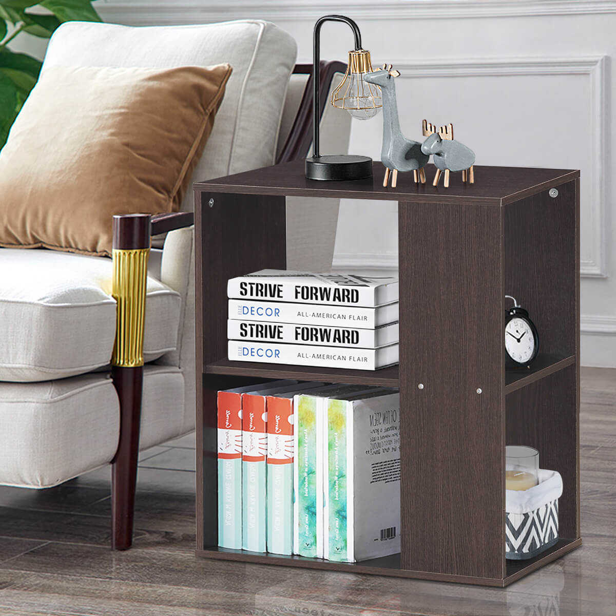 2-Tier Side End Table with Storage Shelves, Brown