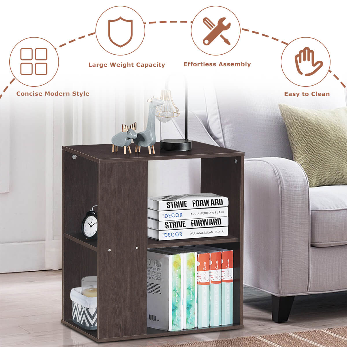 2-Tier Side End Table with Storage Shelves, Brown