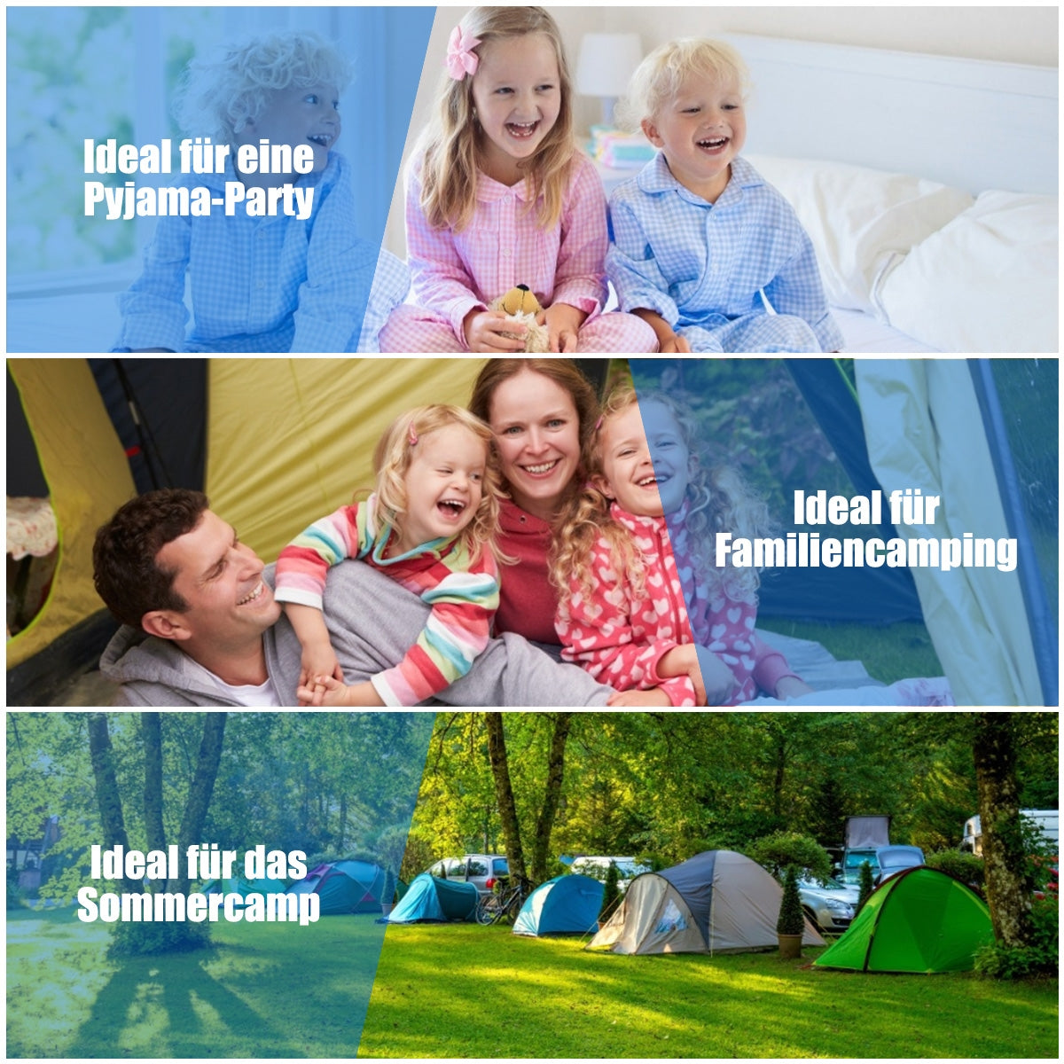 Three panels show children in bed, a family inside a tent, and tents pitched at a wooded campsite.