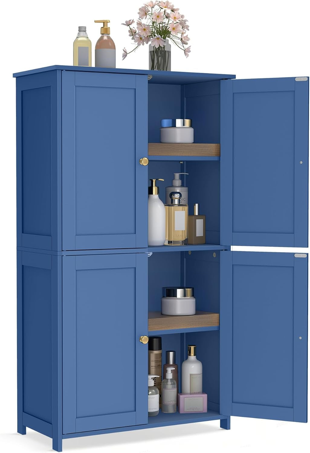 Blue freestanding cabinet with both upper and lower doors open showing wood-tone shelves and toiletries