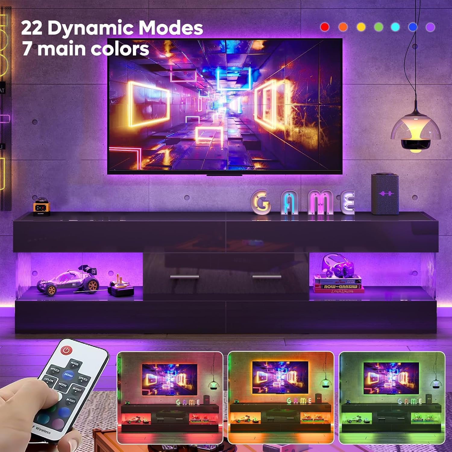 Black TV stand with purple LED lighting and remote control inset showing 7 colors and 22 dynamic modes