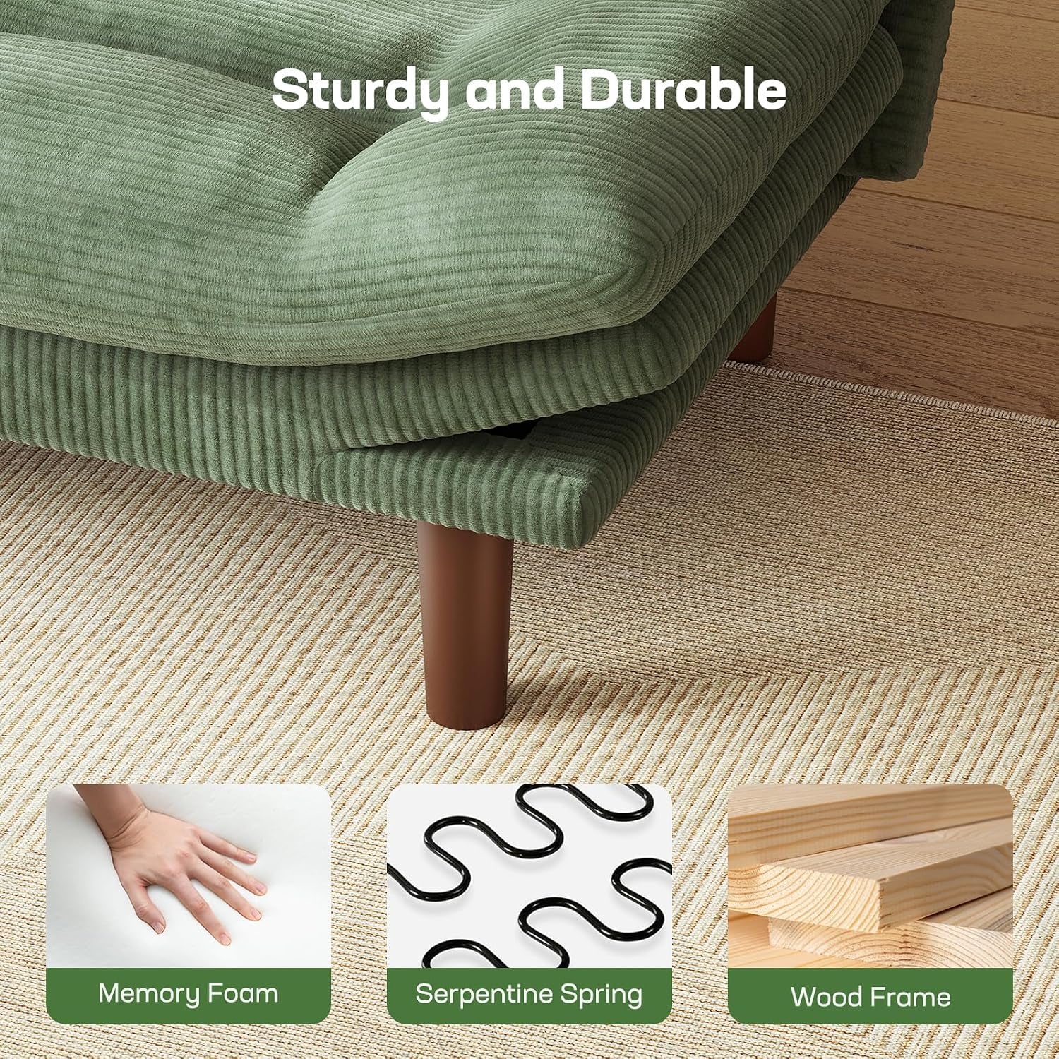 Detail of futon corner and wooden leg with icons for memory foam, serpentine spring, and wood frame