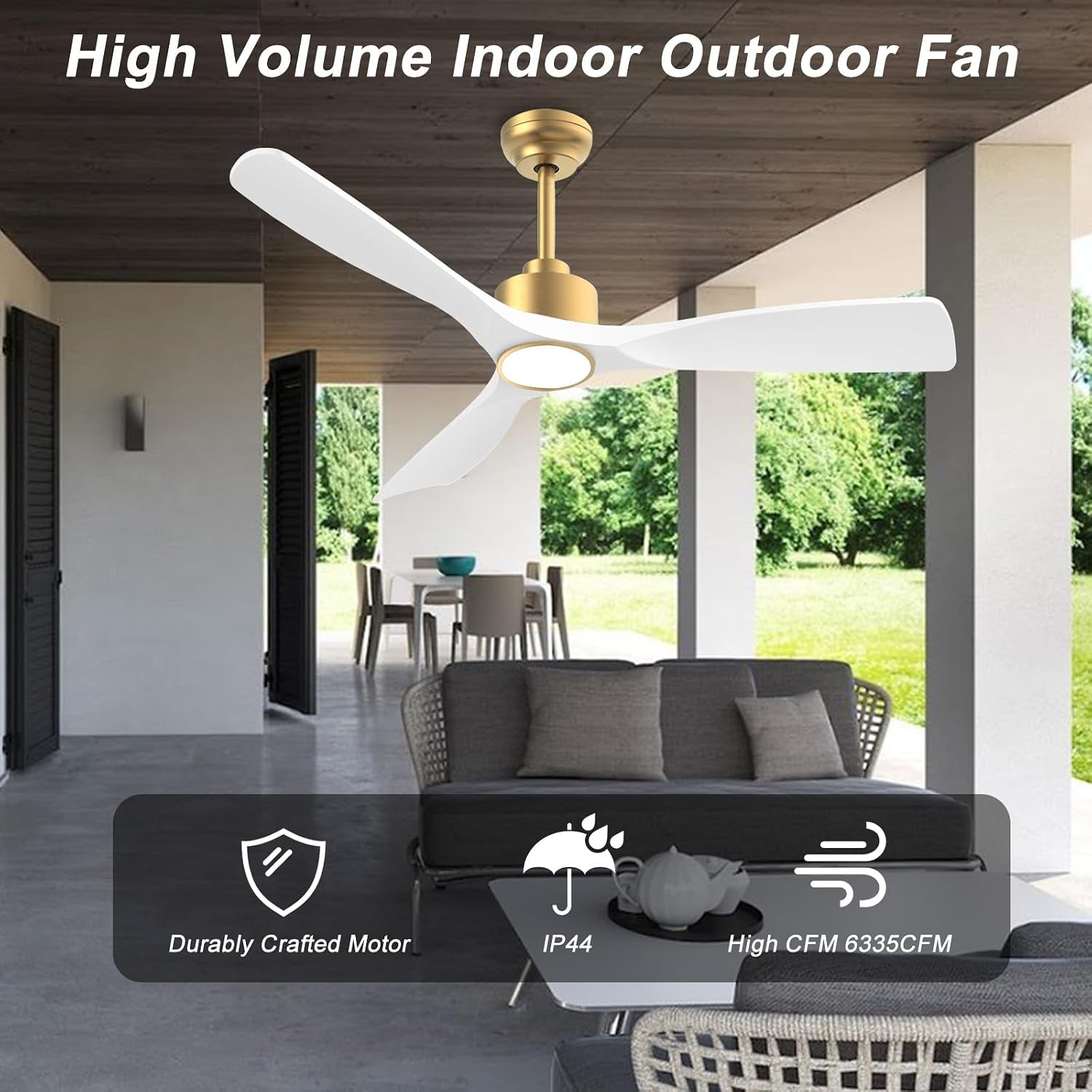 White and gold ceiling fan mounted on a covered patio shown in an outdoor living setting
