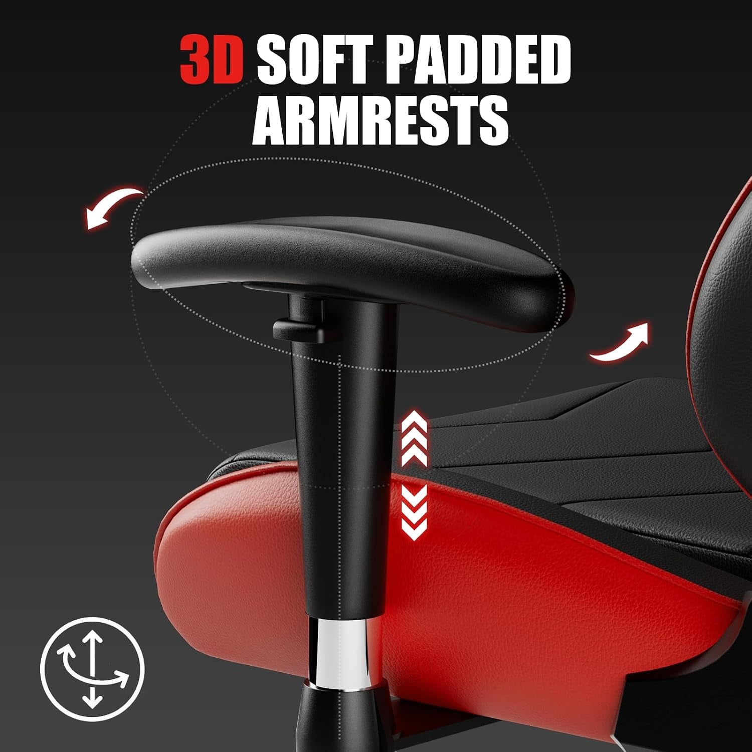 Close-up of a padded 3D adjustable armrest on a red and black gaming chair showing height adjustment arrows