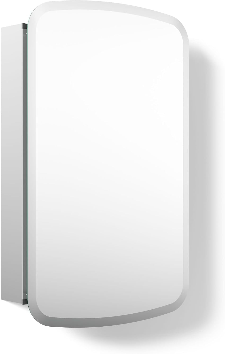Angled view of an arched mirrored medicine cabinet showing its white frame and left-side profile