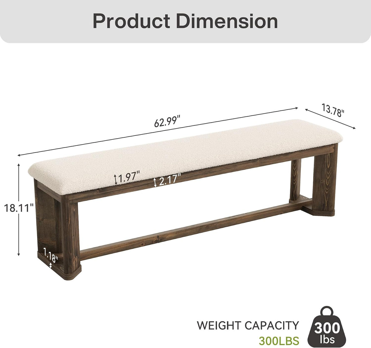 Bench diagram showing dimensions 62.99" x 13.78" x 18.11" and 300 lb weight capacity