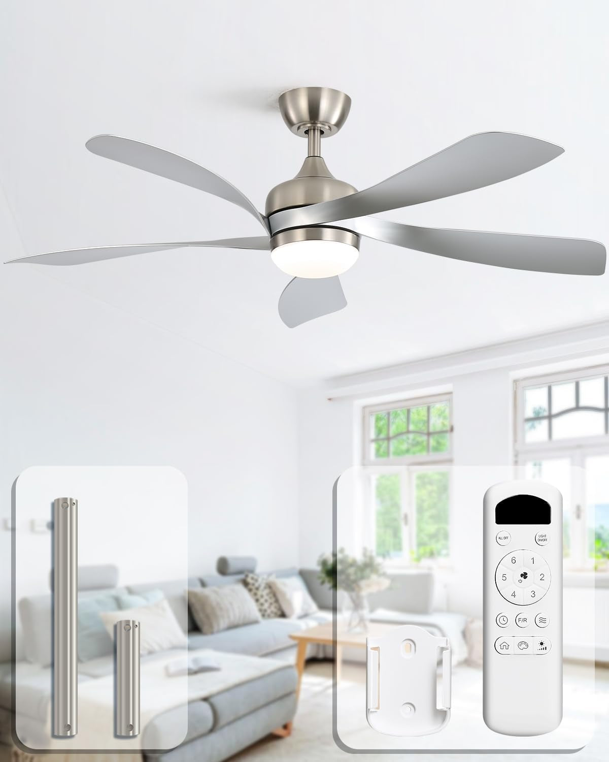 Ceiling fan with five silver blades and brushed nickel motor hanging over a light living room.