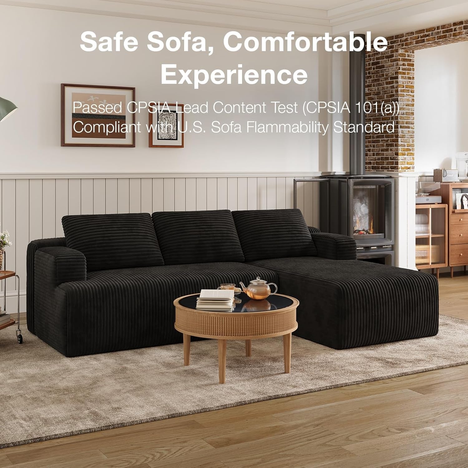 L-Shape Sectional Couches for Living Room with Smarts Coil® Support, 3 Seater Sectional Sofas for Living Room Bedroom, Corduroy Cloud Couch Sectional, No Assembly(Black, Right Hand Facing)