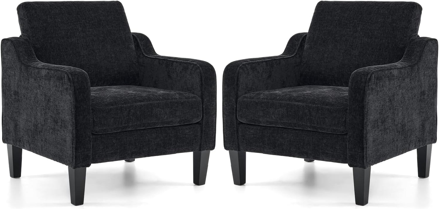 Two matching dark charcoal upholstered accent chairs shown side by side on a white background.