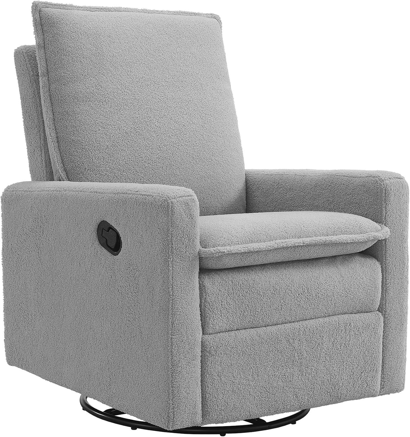 Light gray boucle glider recliner shown on a white background, angled to show arm and base.