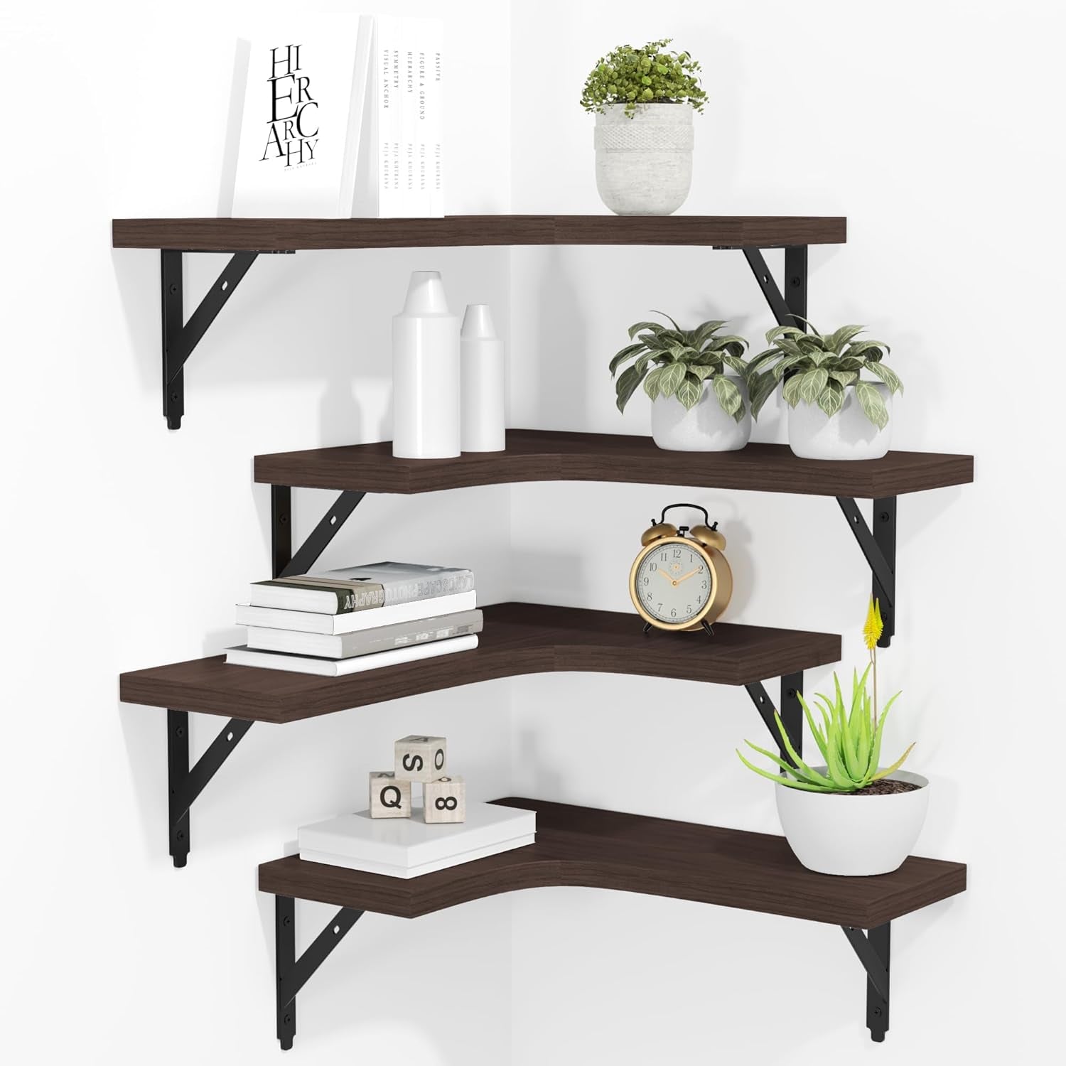 Four dark brown corner floating shelves mounted with black brackets, shown with plants and books.