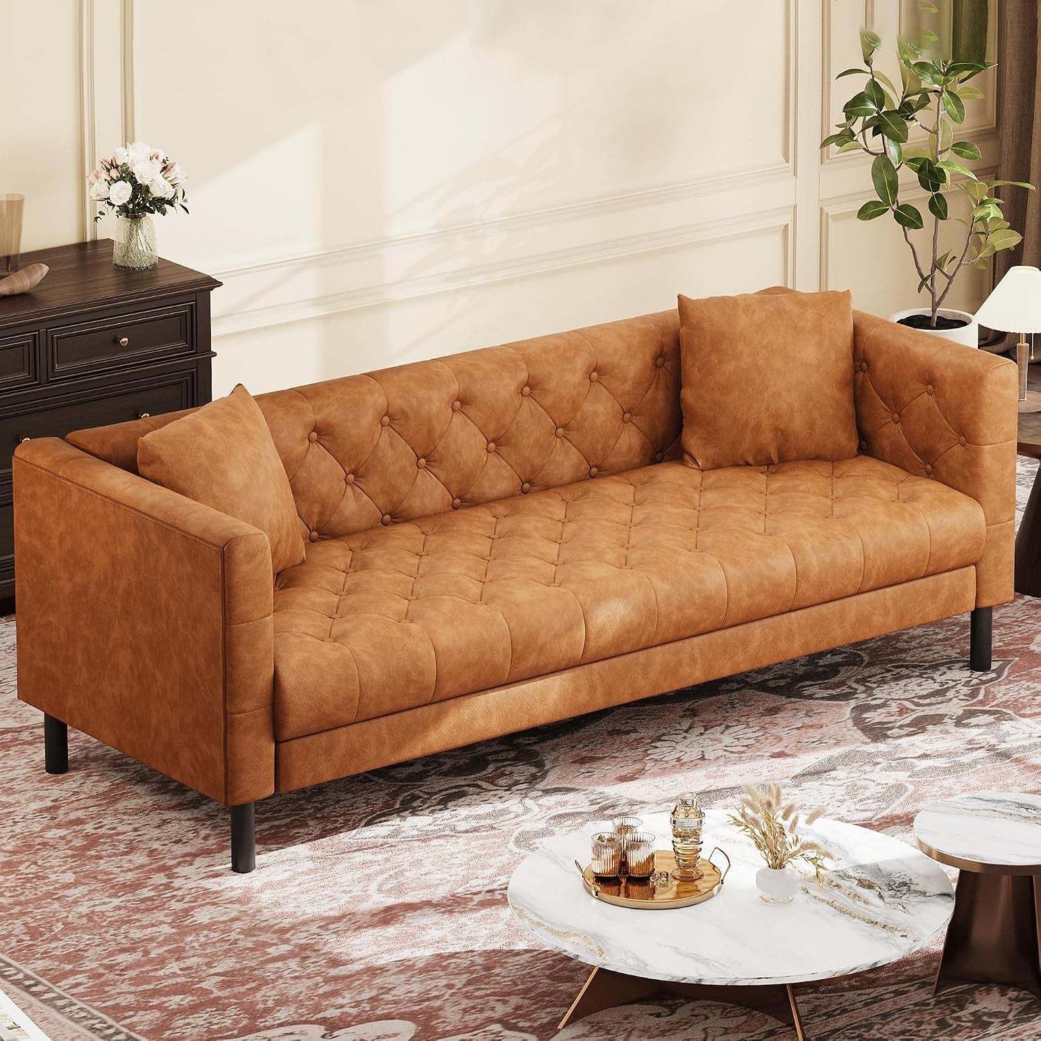 81" Leather Couch for Living Room, Chesterfield Sofa with Deep Seat, Handmade Button Tufted 3 Seater Sofa, Modern Leather Sofa for Apartment, or Office, Cognac Tan