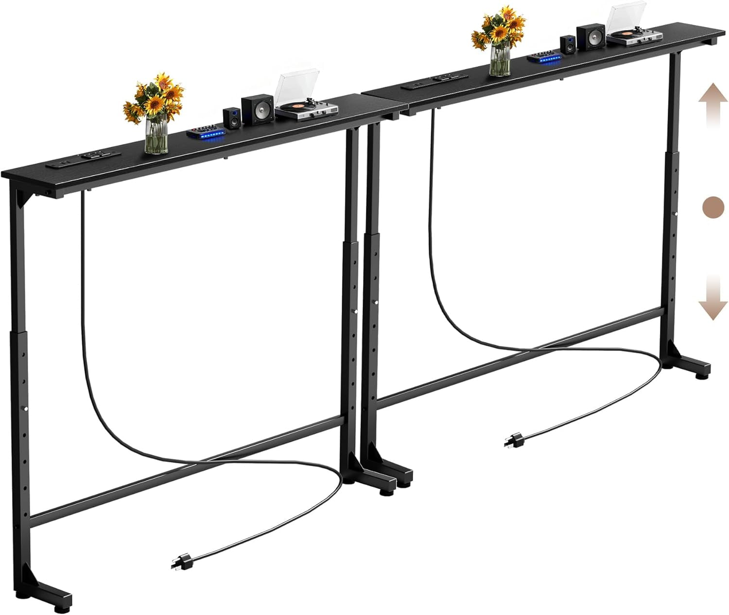 Two black console tables arranged end to end, each with an inset power strip and cord.