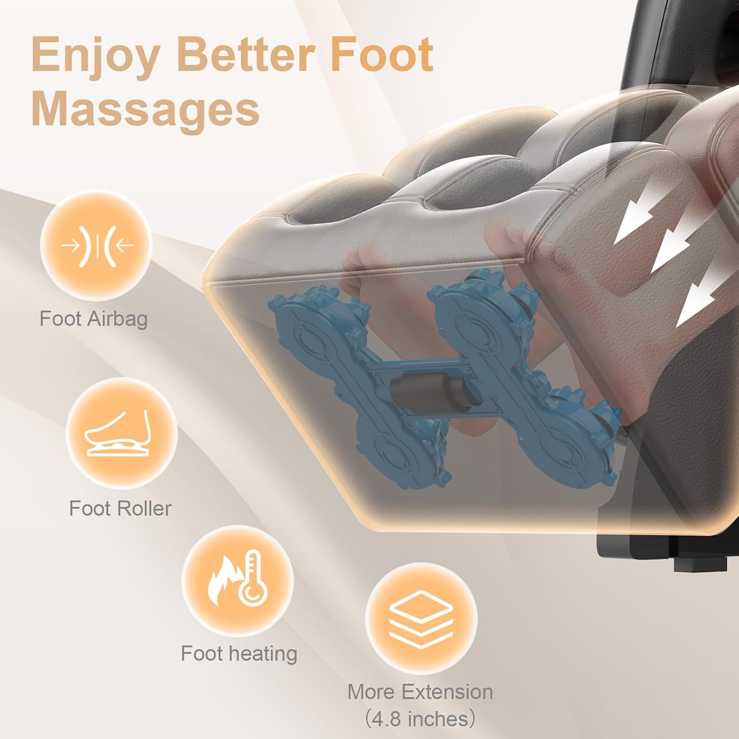 Close-up of the chair's foot compartment showing internal rollers and airbag icons overlaid.