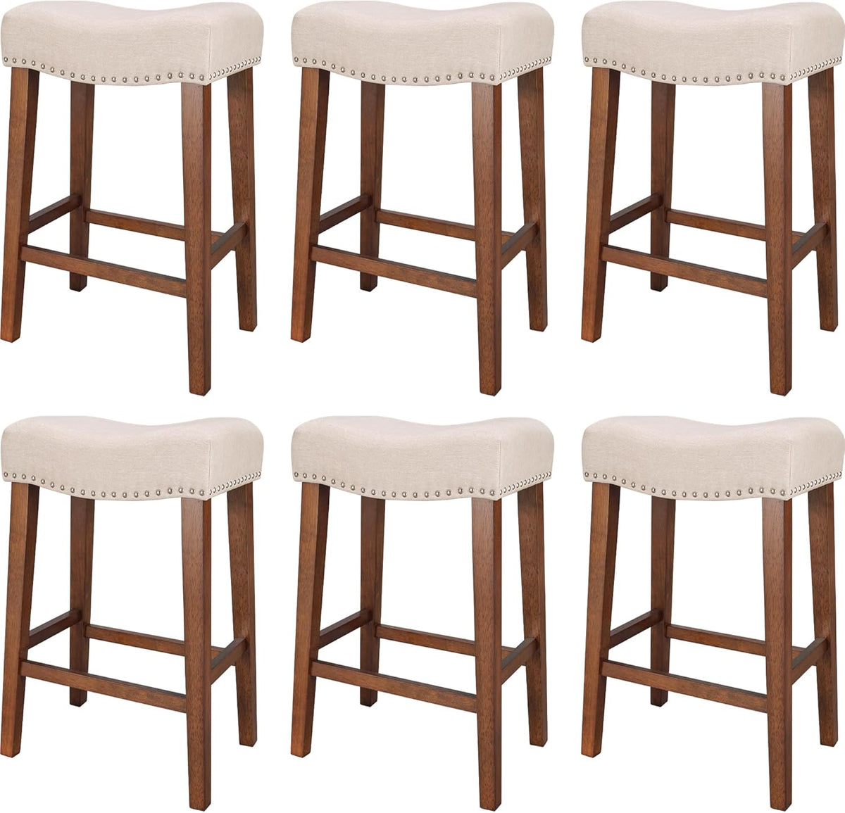 Six identical beige upholstered saddle stools with wood legs shown against a white background.