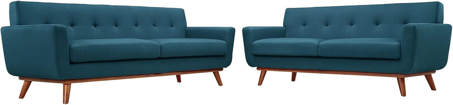 Azure upholstered sofa and loveseat set on white background with front angled view
