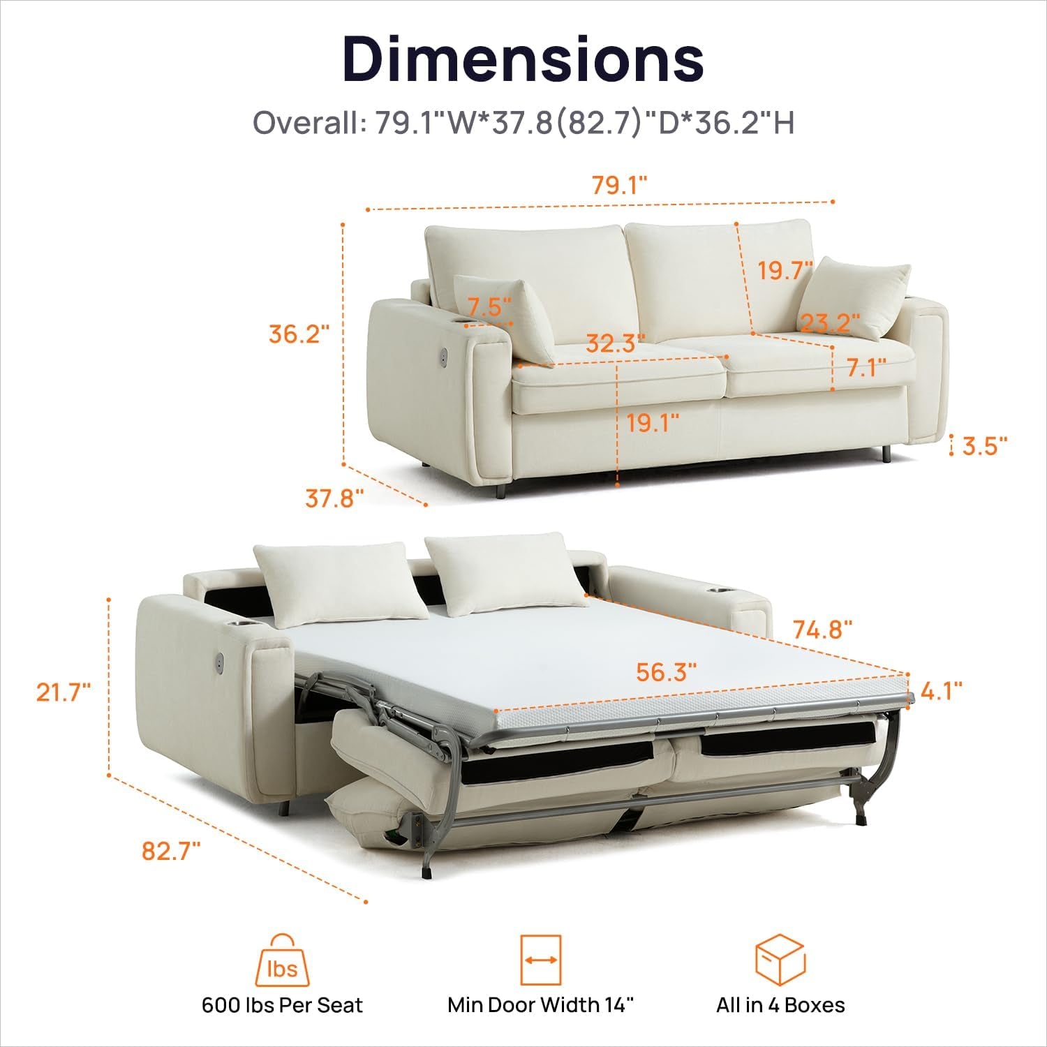 Dimension diagram of the white queen sofa and unfolded bed showing measurements and footprint