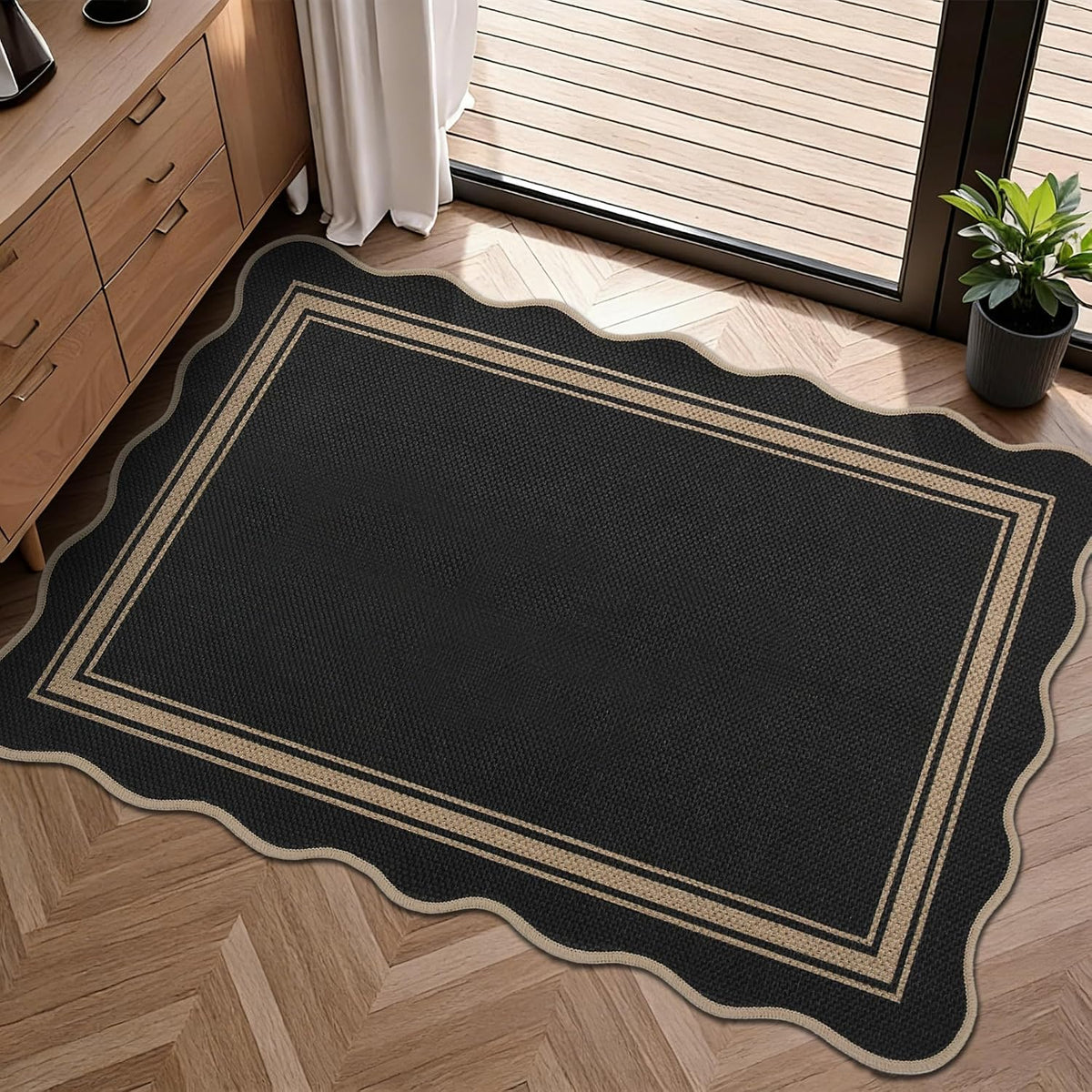 Zeeinx 5x7 Scalloped Rug Easy Jute Washable Outdoor Patio Rug | Indoor Outdoor Black Geometric Neutral, gallery view 22