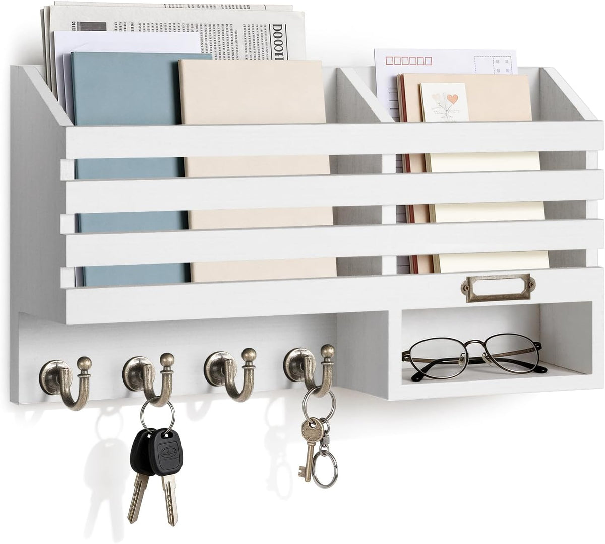 White slatted mail organizer with two upper slots, lower cubby and six key hooks holding keys