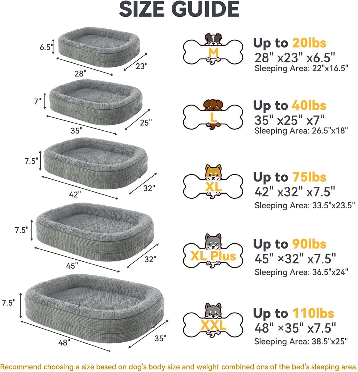 Illustrated size guide showing five bed sizes with diagrams and arrows for width and height.