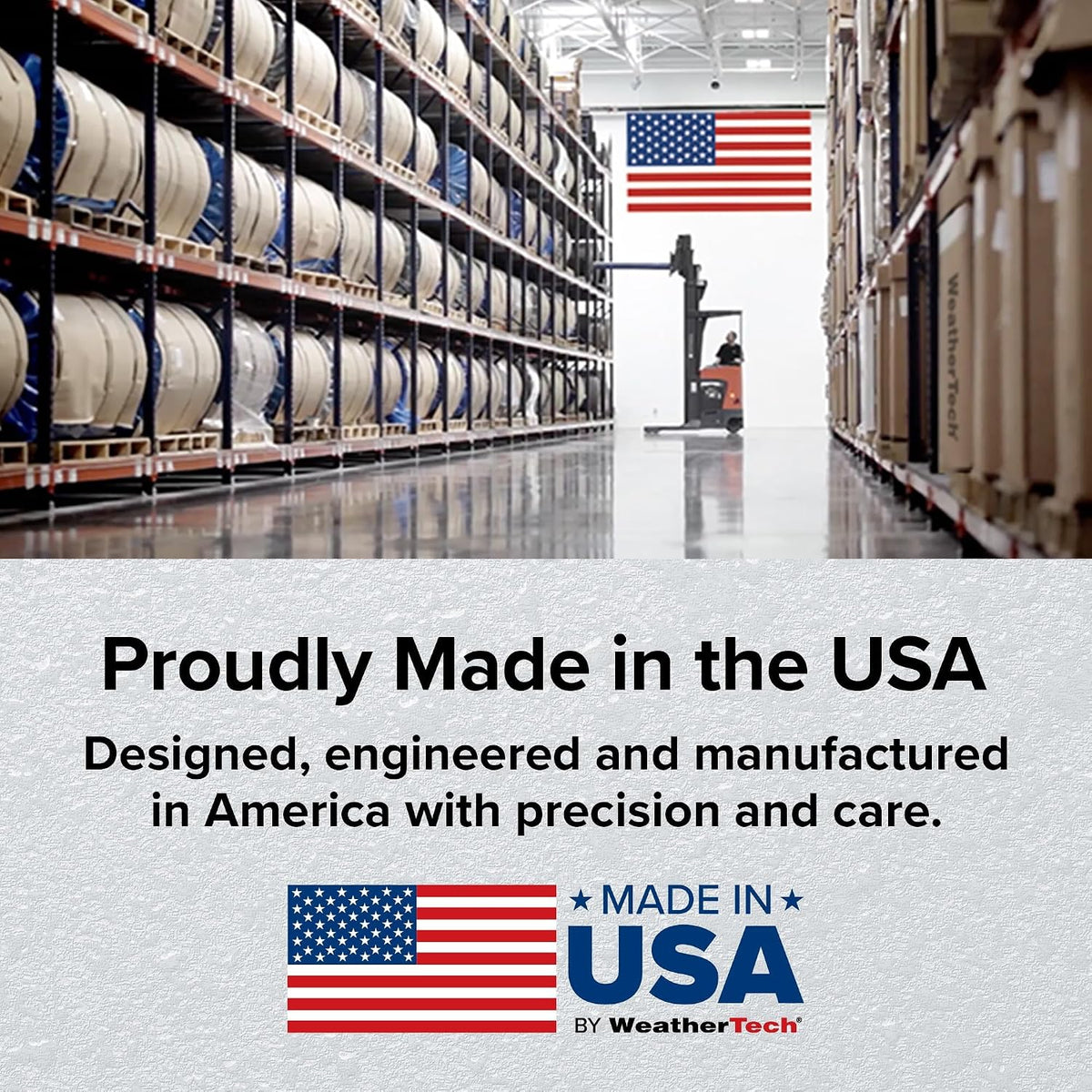 Warehouse aisle with stacked pallets and an American flag visible above storage racks