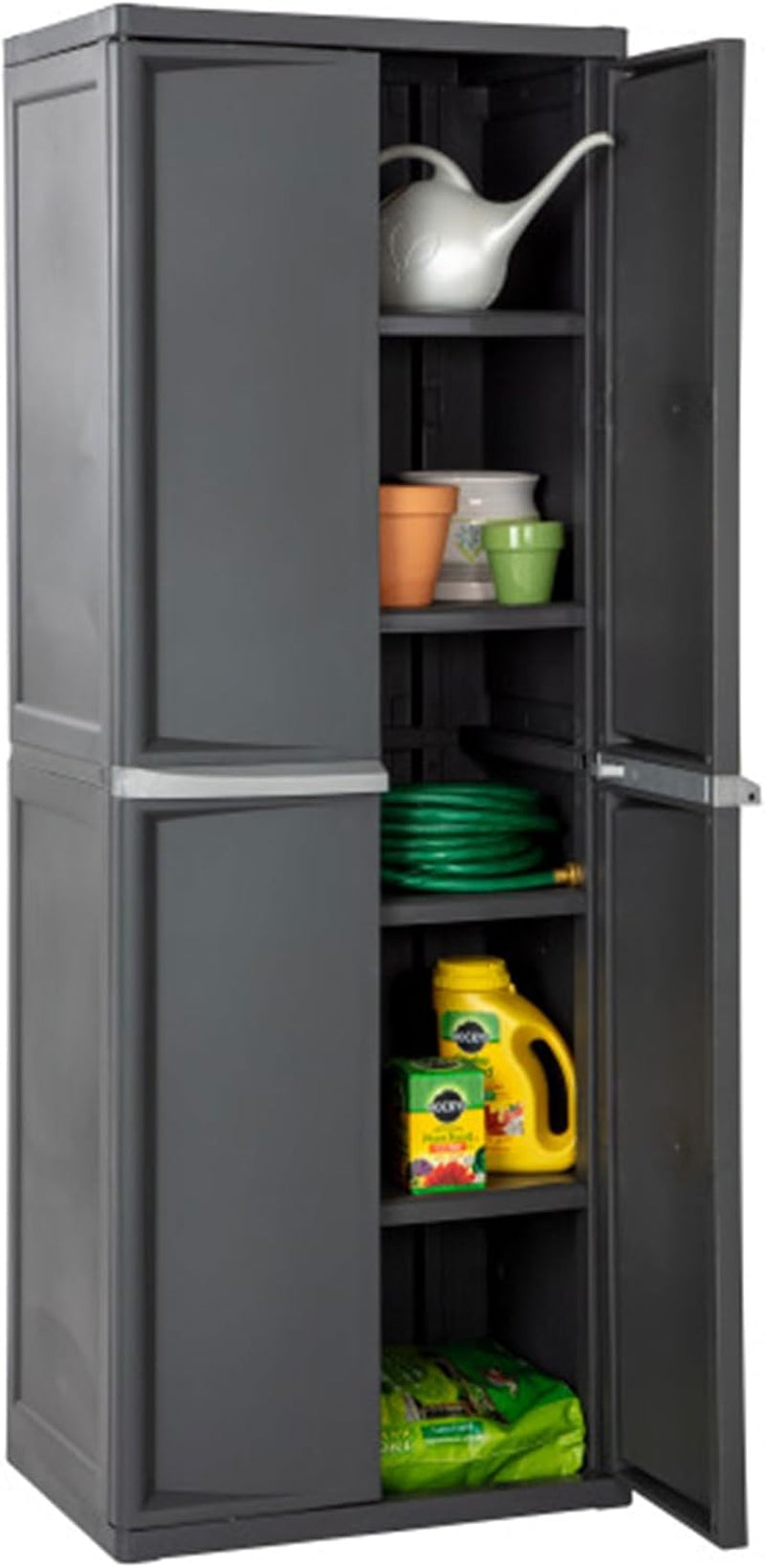 Isolated full-height gray storage cabinet with one door open revealing shelves holding garden and detergent items.