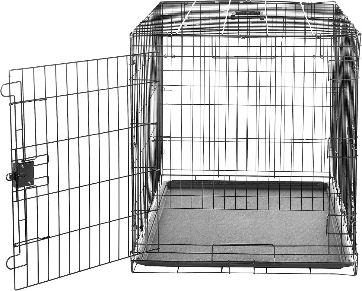 Front-facing close-up of the crate interior showing the plastic base tray, front door and divider panel area
