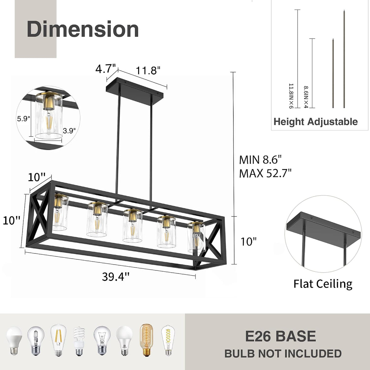 Dimension diagram for the 5-light rectangular pendant showing 39.4" length and adjustable height rods