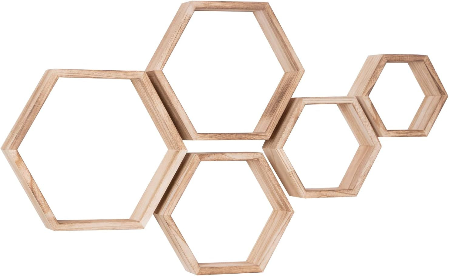 Five hexagonal wood shelves displayed in a staggered layout on a white background, front view