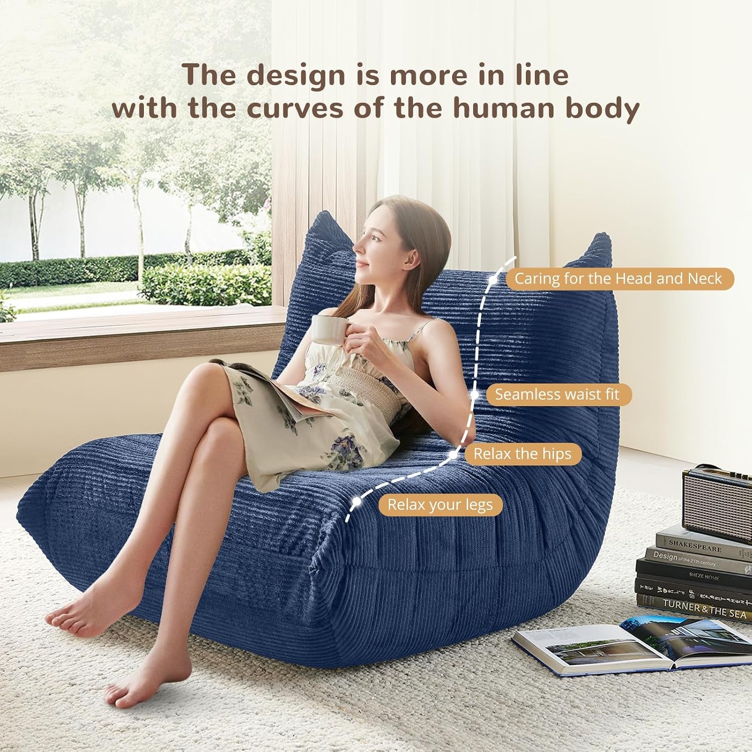 Model seated on blue teddy velvet chair demonstrating ergonomic contour for head, waist, and legs