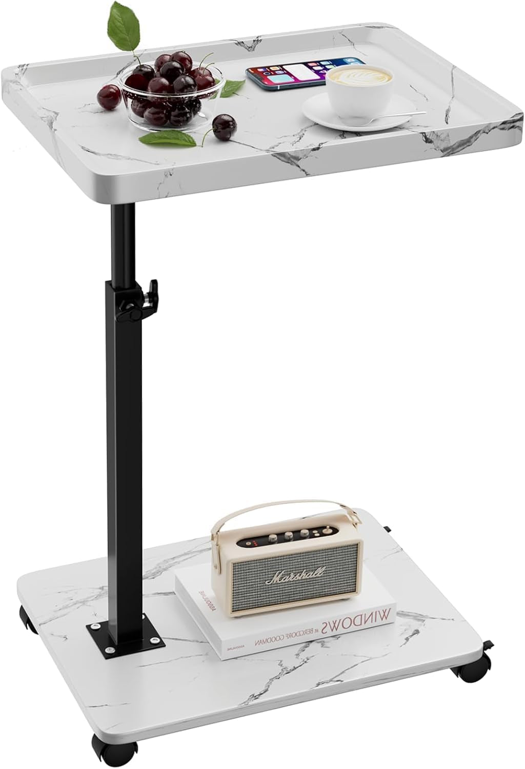 C-shaped adjustable side table with white marble-pattern top, black stem and caster base.