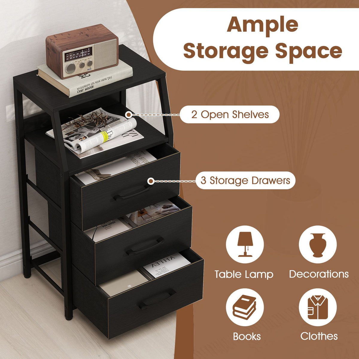 Black three-drawer nightstand with two open shelves, shown beside a wall with books and decor.