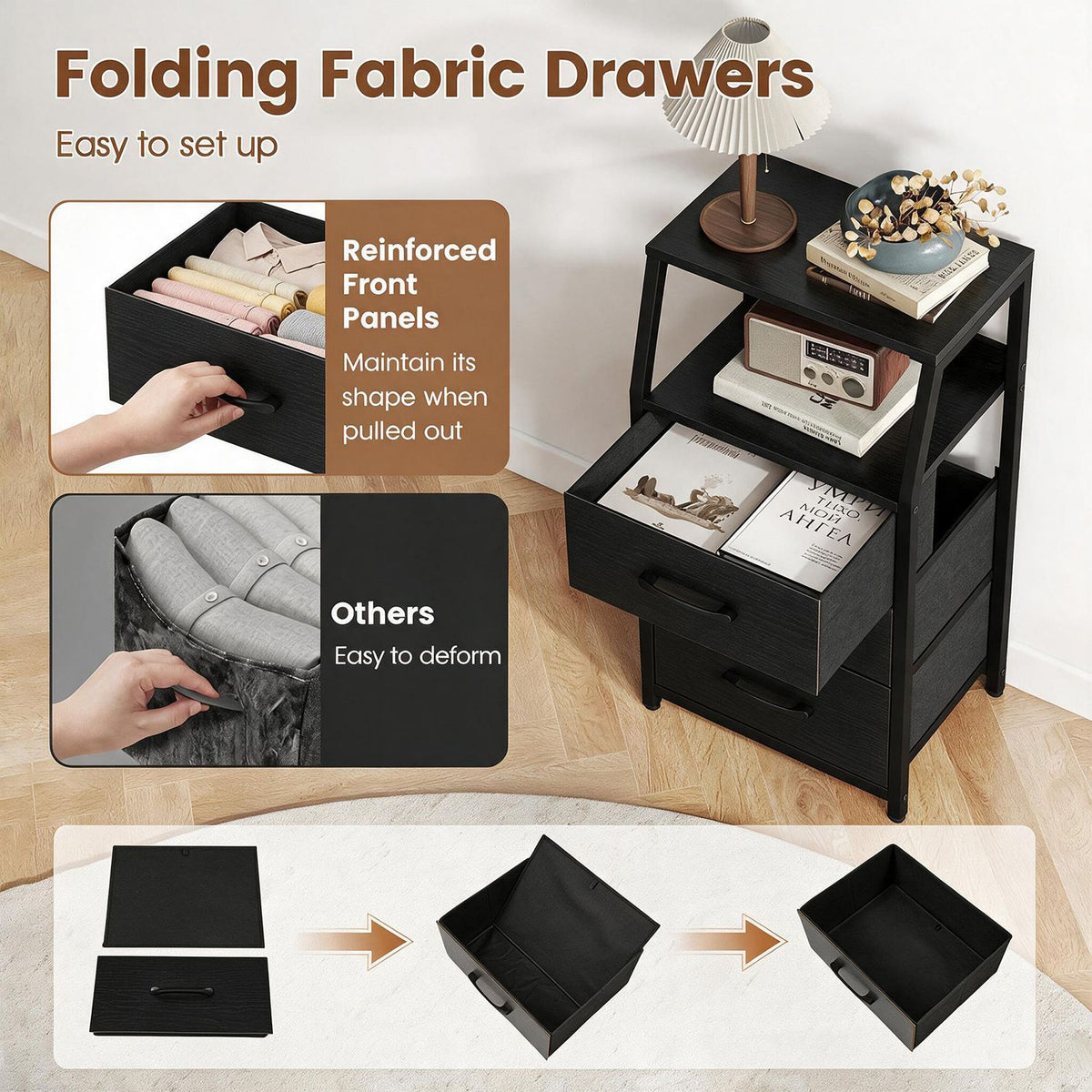 Black nightstand beside close-ups showing fabric drawer panels and the steps for folding a drawer into shape.